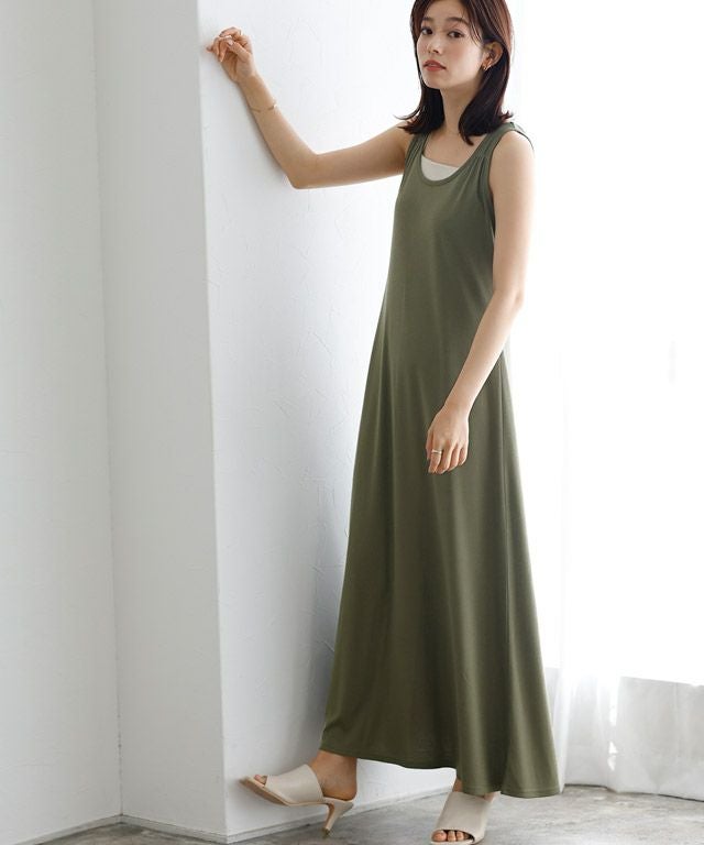 オリーブ色 ノースリーブ ワンピース 2丈から選べる無地ノースリーブ美ラインマキシ丈ワンピース 【Pierrot