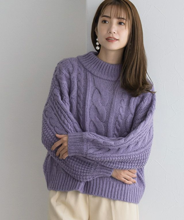 モヘアタッチハイネックケーブルニット