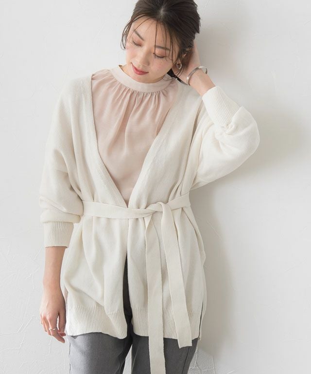 綿混ベルト付きショートカーディガン