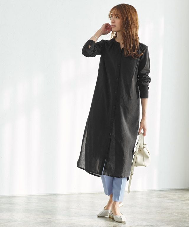 ノーカラーギャザーロングシャツ