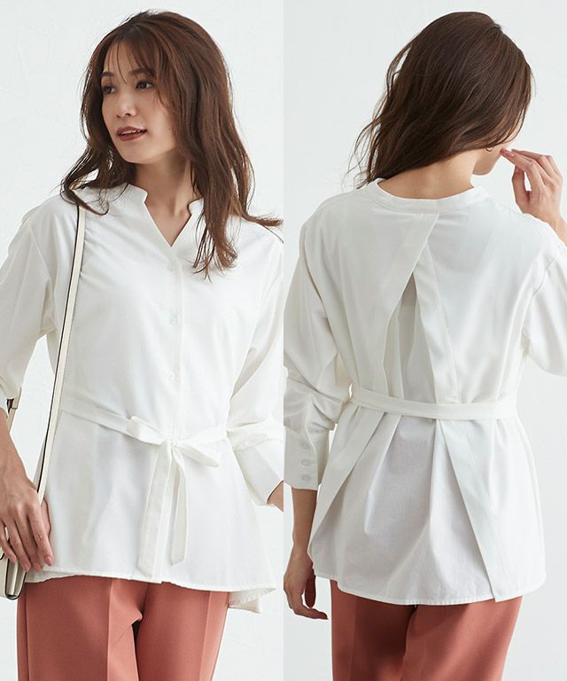 後ろタックデザインノーカラーブラウス