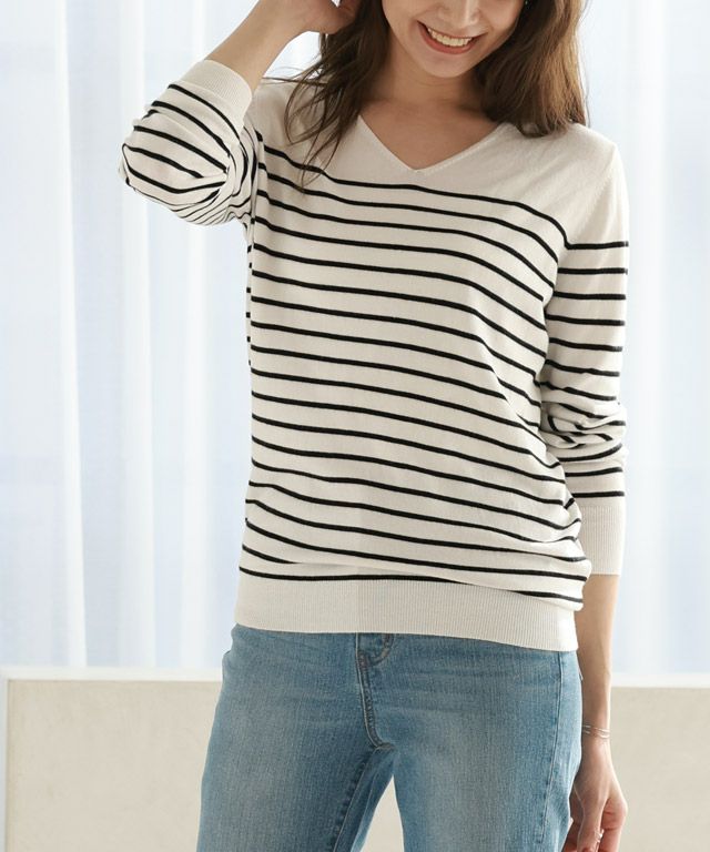 165cm / オフホワイト×ブラック / Vネック / M