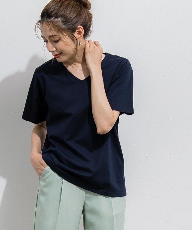 【Col Pierrot/コルピエロ】Uネック Tシャツ　ネイビー COL PIERROT/コル ピエロ】 Back Zip V-neck Blouse（シャツ／ブラウス