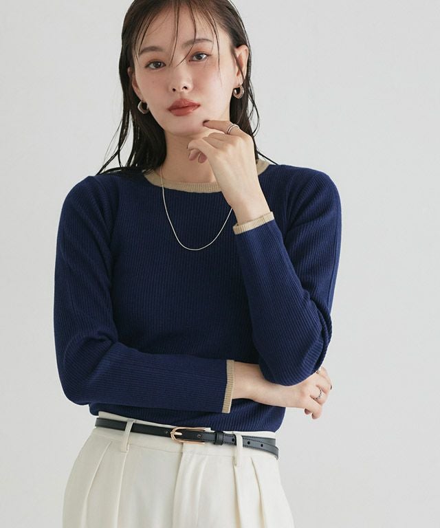 167cm / A / ネイビー×杢ベージュ / クルーネック / M