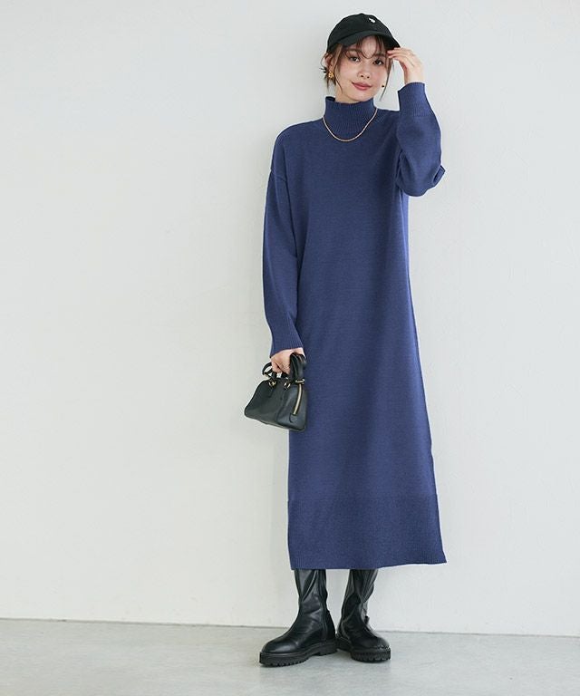 もっちりカシミヤタッチハイネックロングニットワンピース 【スピード