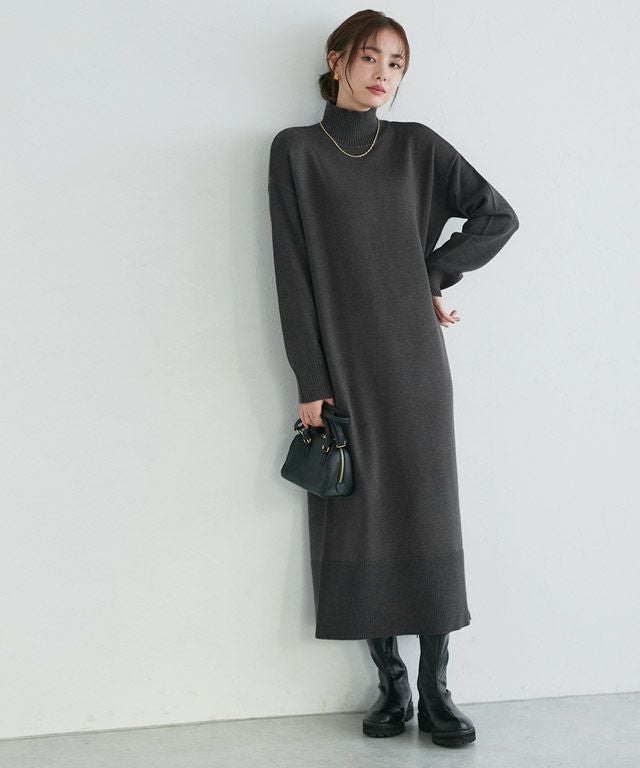 もっちりカシミヤタッチハイネックロングニットワンピース 【スピード