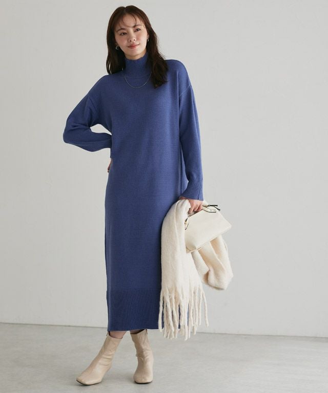 もっちりカシミヤタッチハイネックロングニットワンピース 【スピード