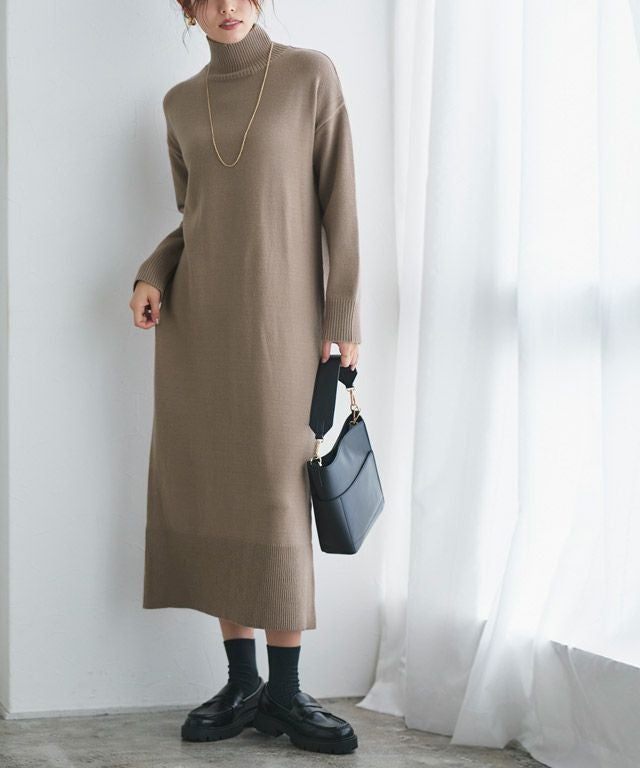 もっちりカシミヤタッチハイネックロングニットワンピース 【スピード