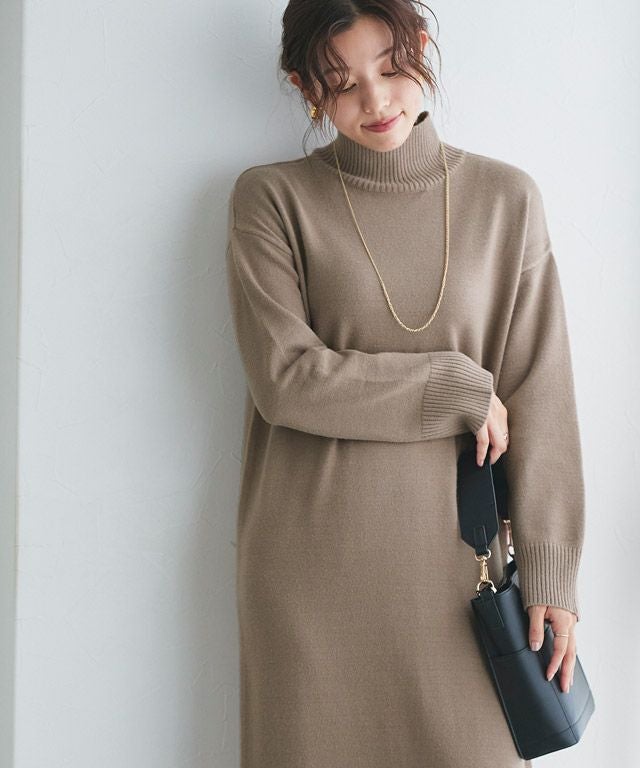 もっちりカシミヤタッチハイネックロングニットワンピース 【スピード