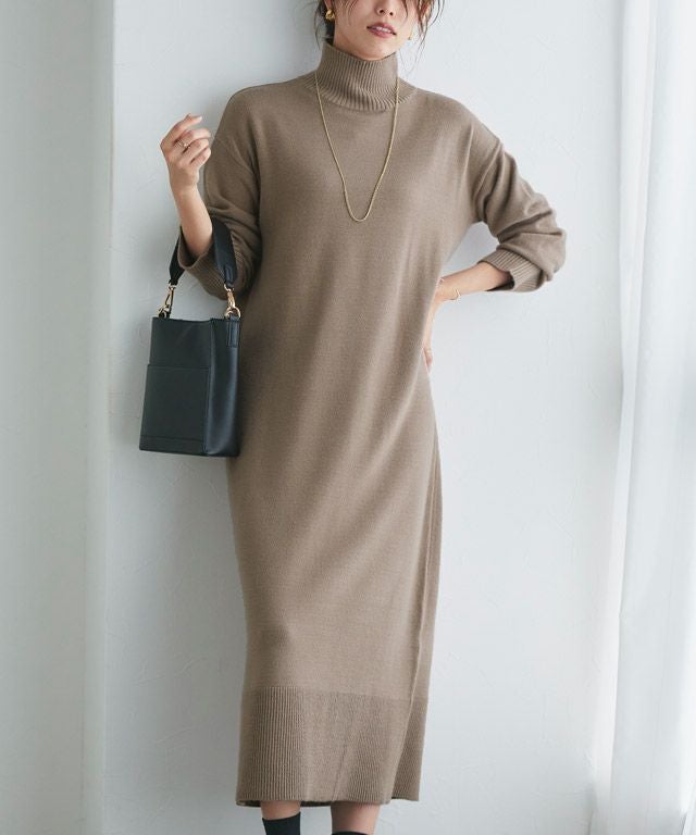 もっちりカシミヤタッチハイネックロングニットワンピース 【スピード