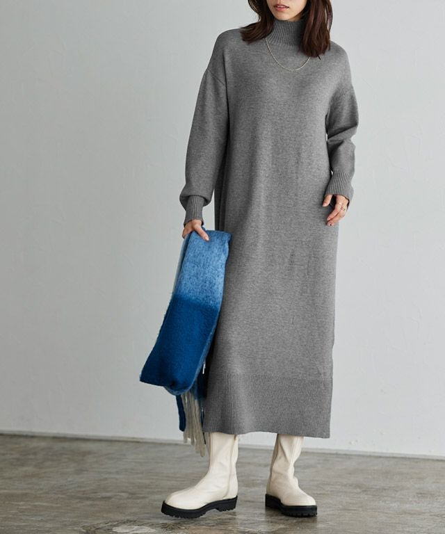 もっちりカシミヤタッチハイネックロングニットワンピース 【スピード
