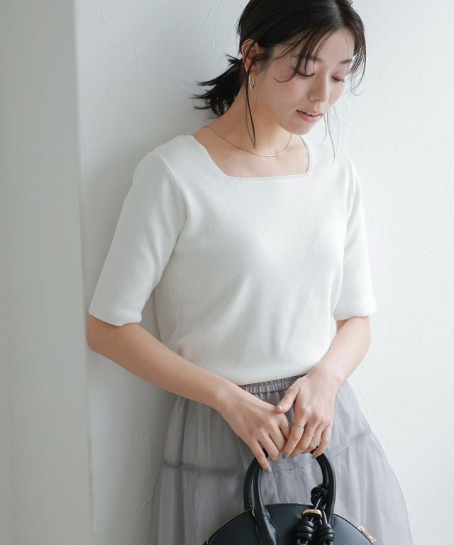 選べるネック多機能ニット5分袖トップス 【Pierrot】 【スピード配送