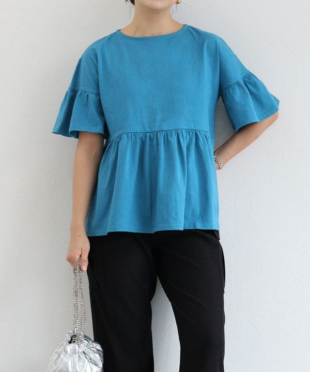 綿100％ ギャザーフリルスリーブTシャツ 【Pierrot】【スピード配送