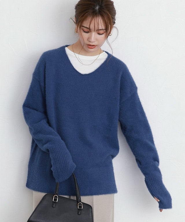 163cm / ネイビー / Vネック / M
