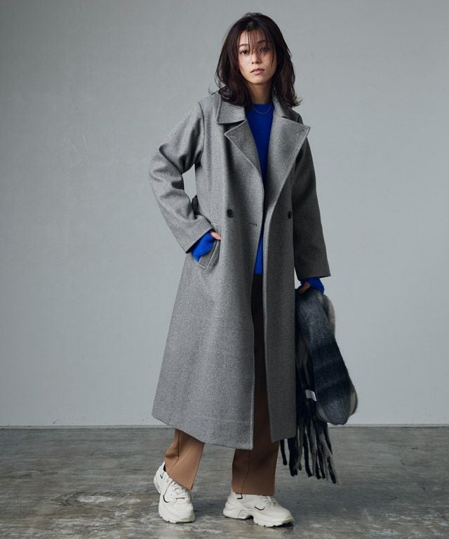 ユナイテッドアローズ　メルトンステンカラーベルトロングコート　くすみブルー BEAUTY&YOUTH UNITED ARROWS（ビューティーアンドユースユナイテッド