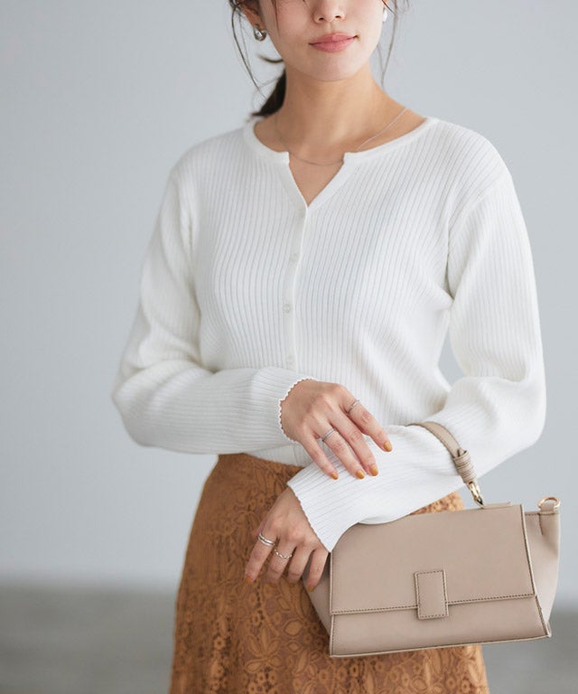 キーネックリブニットカーディガン