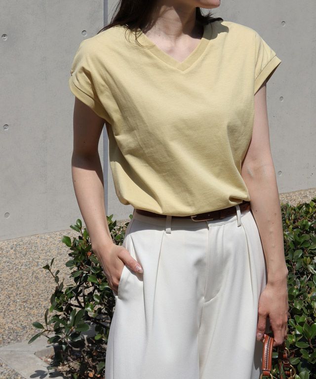 ネックが選べる綿100%フレンチスリーブベーシックTシャツ【Vネック