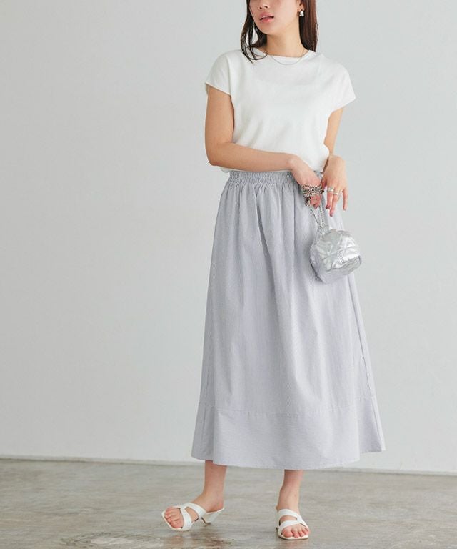 細ストライプ裾切り替えギャザースカート 【Pierrot】【スピード配送