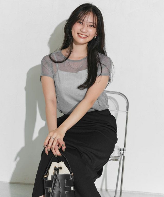 166cm / ラメ / グレー / フレンチスリーブ / M