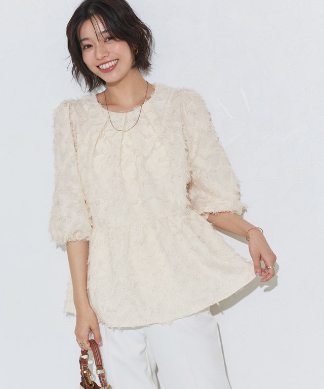ジャカードギャザーフレアブラウス