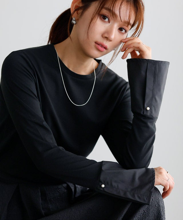 166cm / ブラック / クルーネック / パールカフス / M