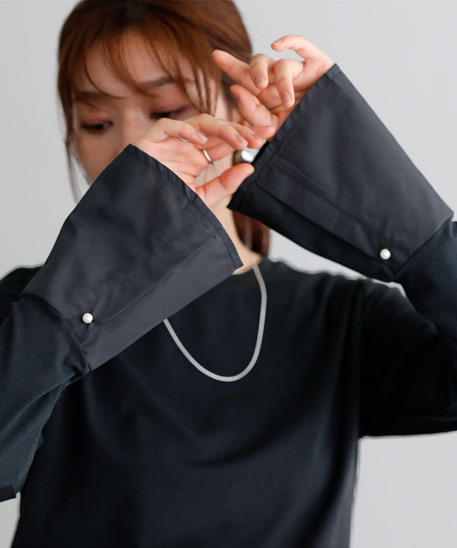 166cm / ブラック / クルーネック / パールカフス / M