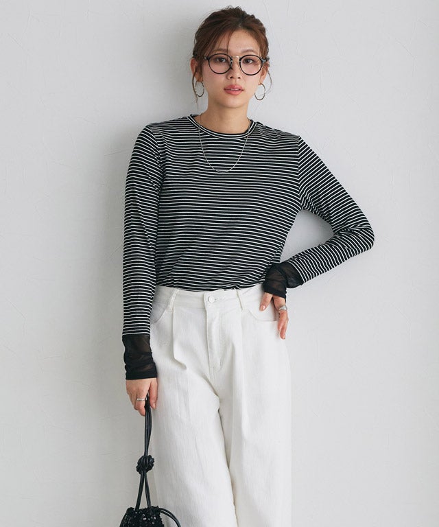 166cm / ボーダー / クルーネック / シアーカフス / M