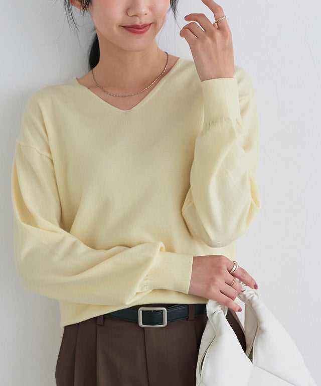 162cm / クリームイエロー / Vネック / M