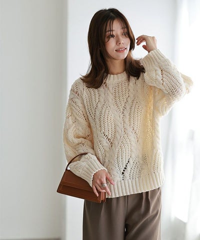 ケーブル透かし編みニット