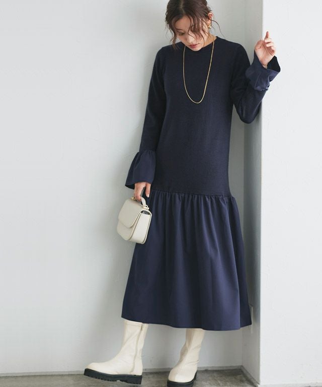【LANVIN Collection】ニットワンピース ドッキング 異素材 40 ニットドッキングワンピース|LANVIN en Bleu | LANVIN en Bleu