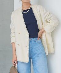 ノーカラーフリンジツイードジャケット