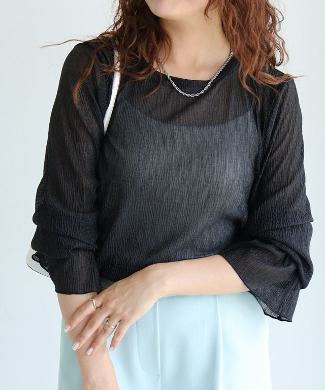 会員優待】ネックと柄が選べるフレアスリーブシアーカットソー