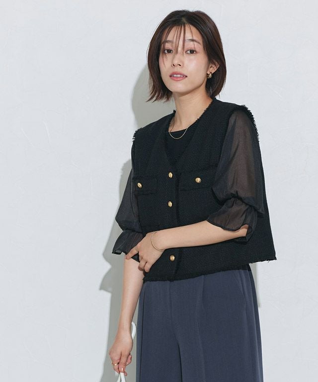 ゴールドボタンフリンジツイードベスト