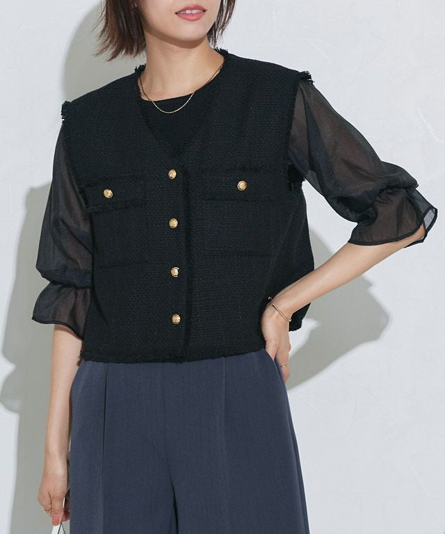 ゴールドボタンフリンジツイードベスト