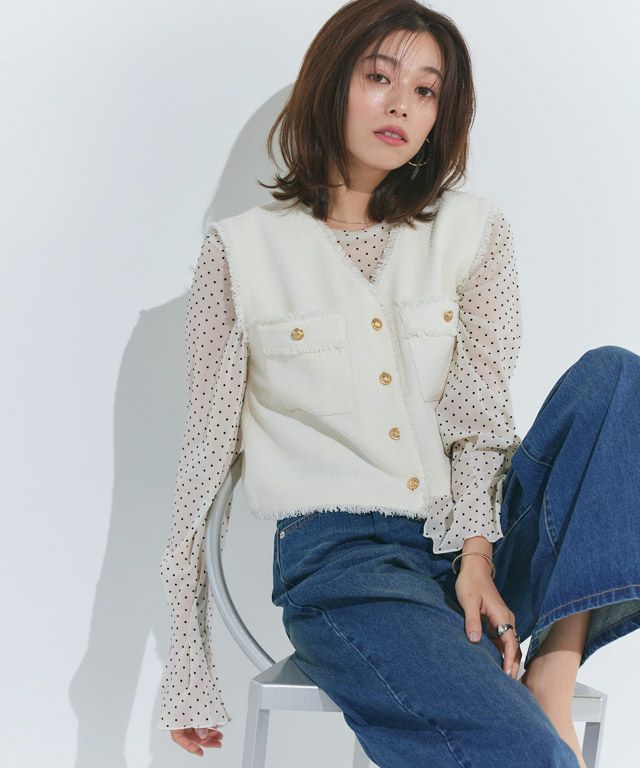 ゴールドボタンフリンジツイードベスト