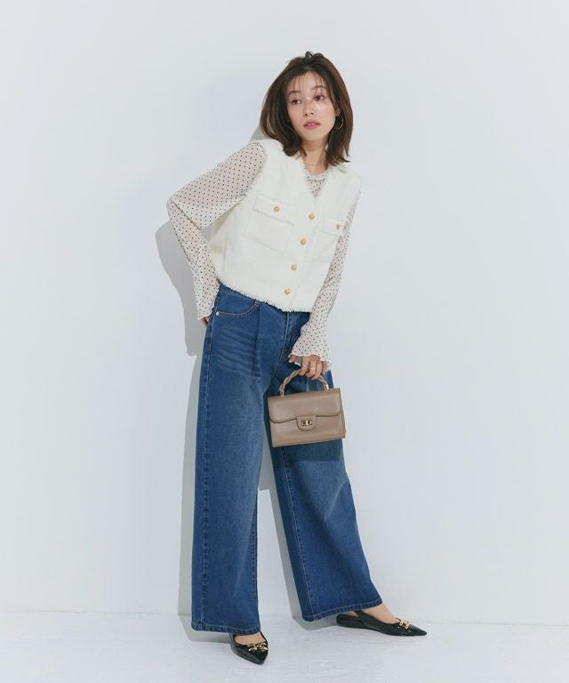 ゴールドボタンフリンジツイードベスト