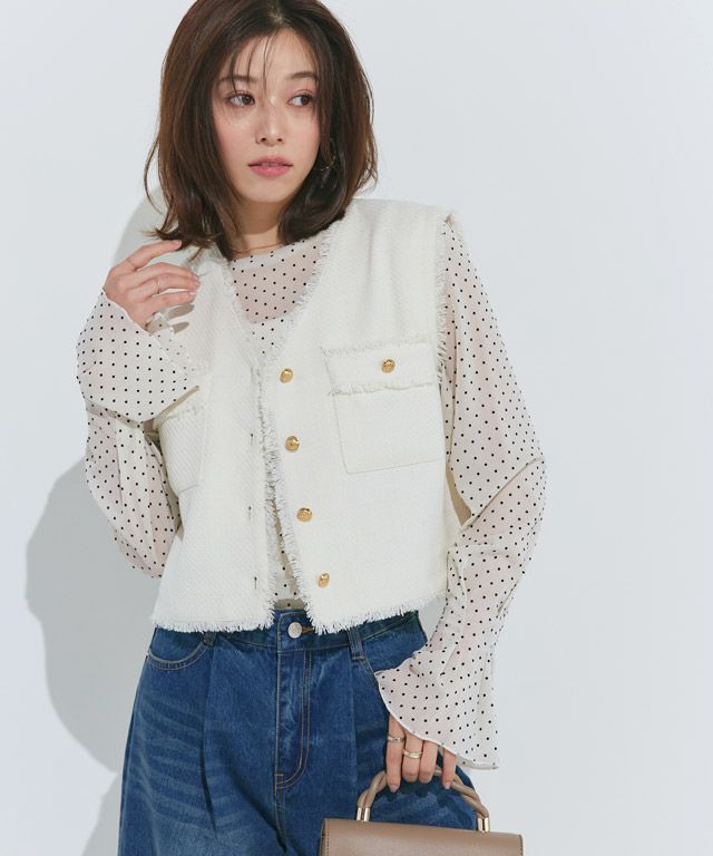 ゴールドボタンフリンジツイードベスト