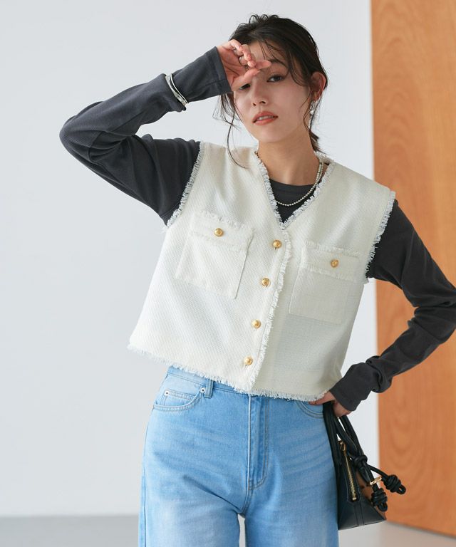 ゴールドボタンフリンジツイードベスト