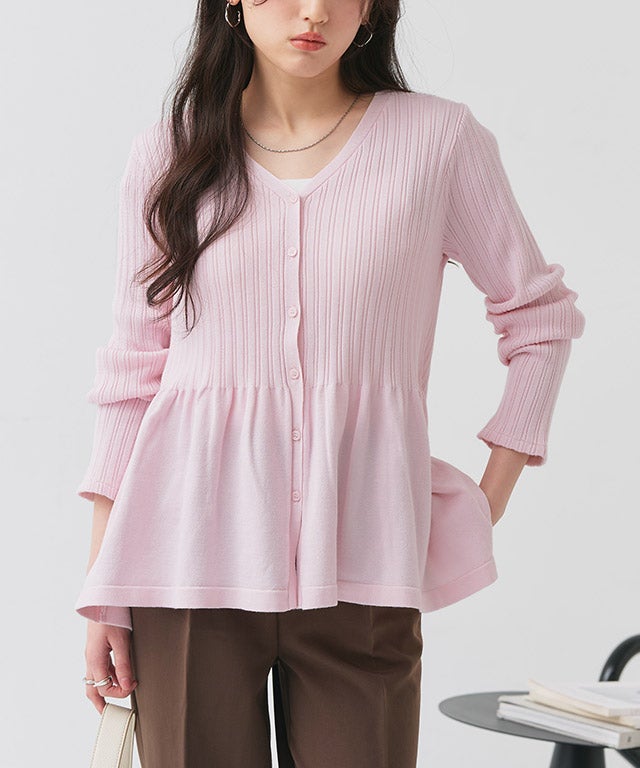 リブ切り替えペプラムニットカーディガン