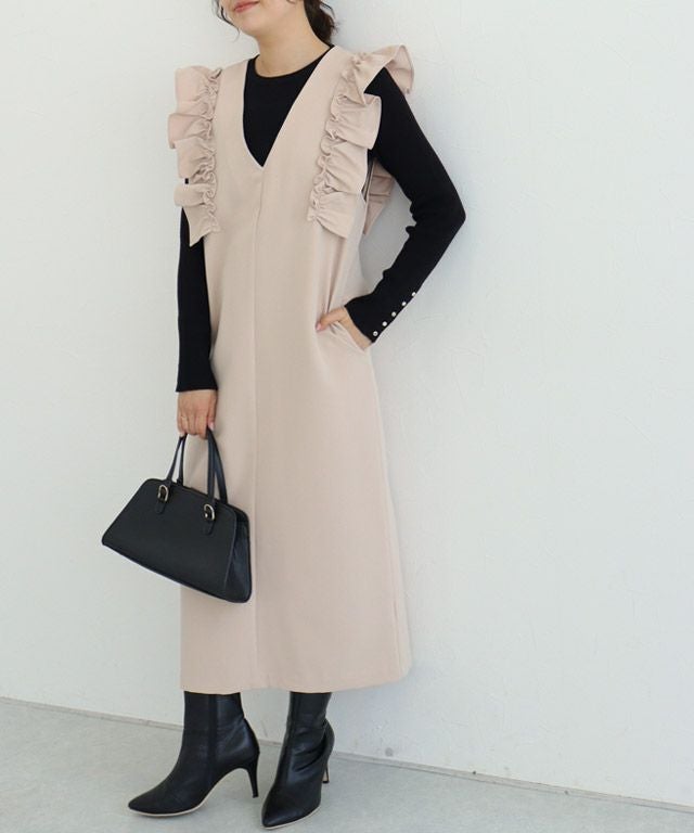 ショルダーフリルVネックジャンパースカート