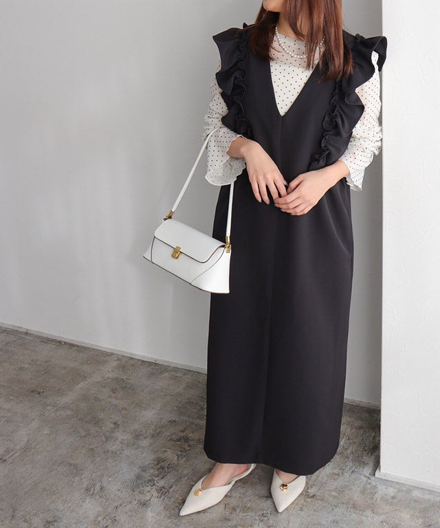 ショルダーフリルVネックジャンパースカート