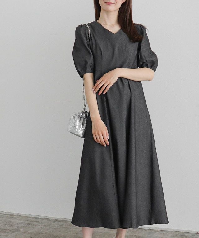 ATELIER PIERROTトワルドジュイ柄 ひざ丈ワンピース パフスリーブ アウトレットSALE！】シャンブレーパフスリーブワンピース【Pierrot