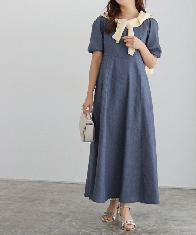 アウトレットSALE！】シャンブレーパフスリーブワンピース【Pierrot