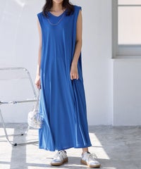 Vネックタックスリーブロングワンピース