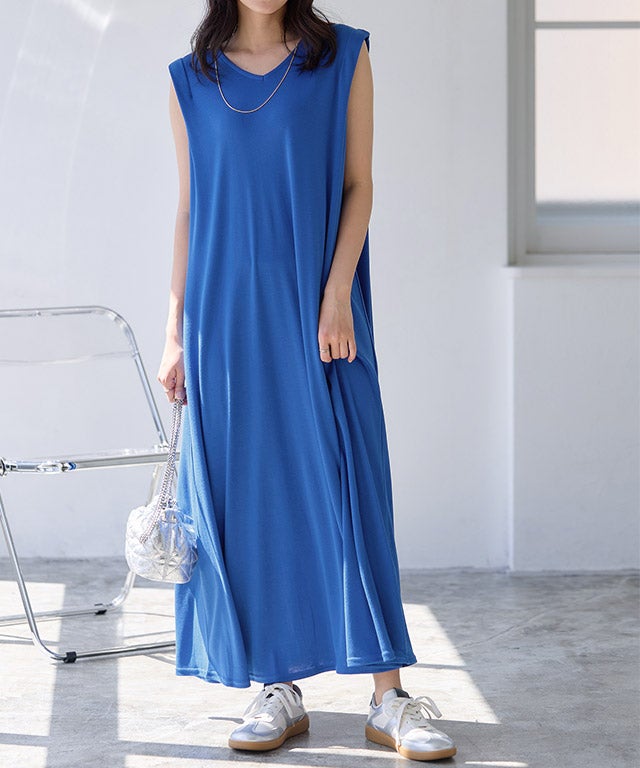 Vネックタックスリーブロングワンピース