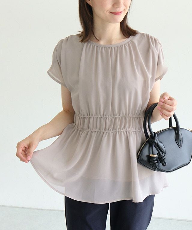 機能インナー付き】ウエストシャーリングシフォンブラウス【Pierrot