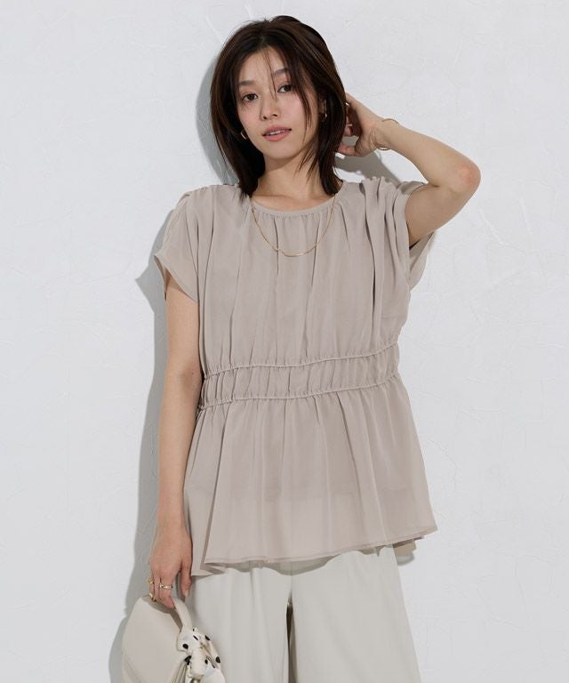機能インナー付き】ウエストシャーリングシフォンブラウス【Pierrot