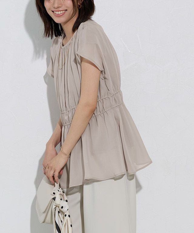 機能インナー付き】ウエストシャーリングシフォンブラウス【Pierrot