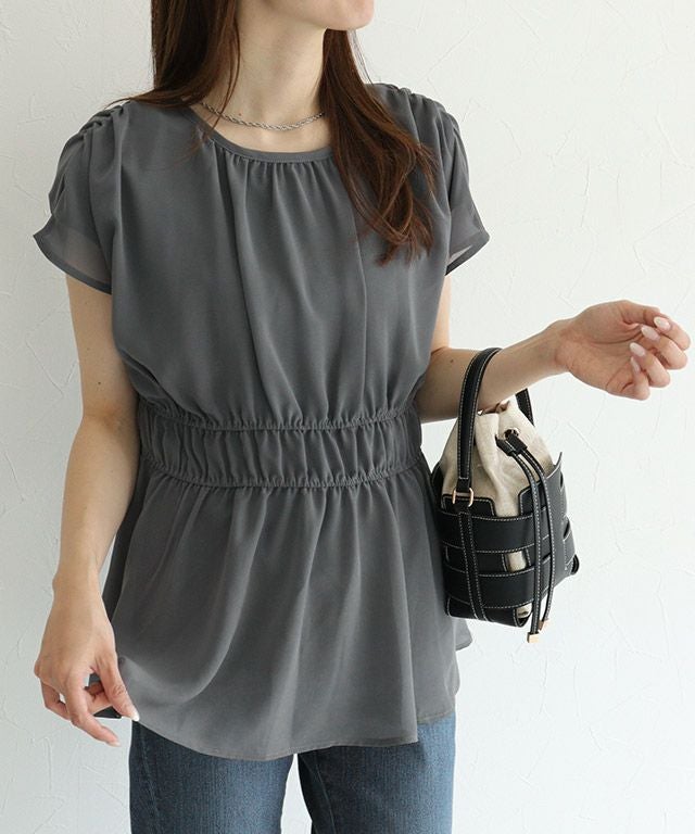 機能インナー付き】ウエストシャーリングシフォンブラウス【Pierrot