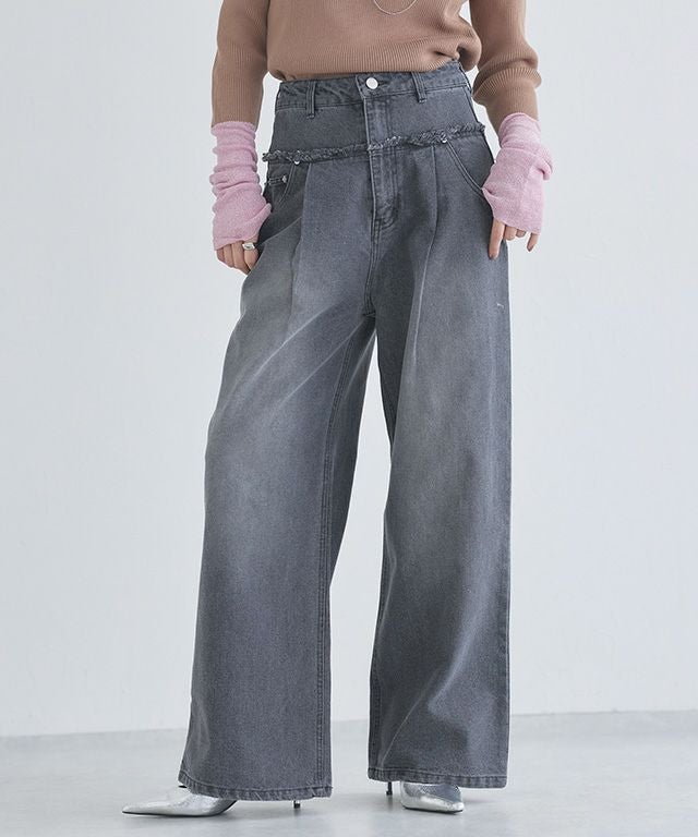 [ECLAM] フリンジデザインデニムパンツ